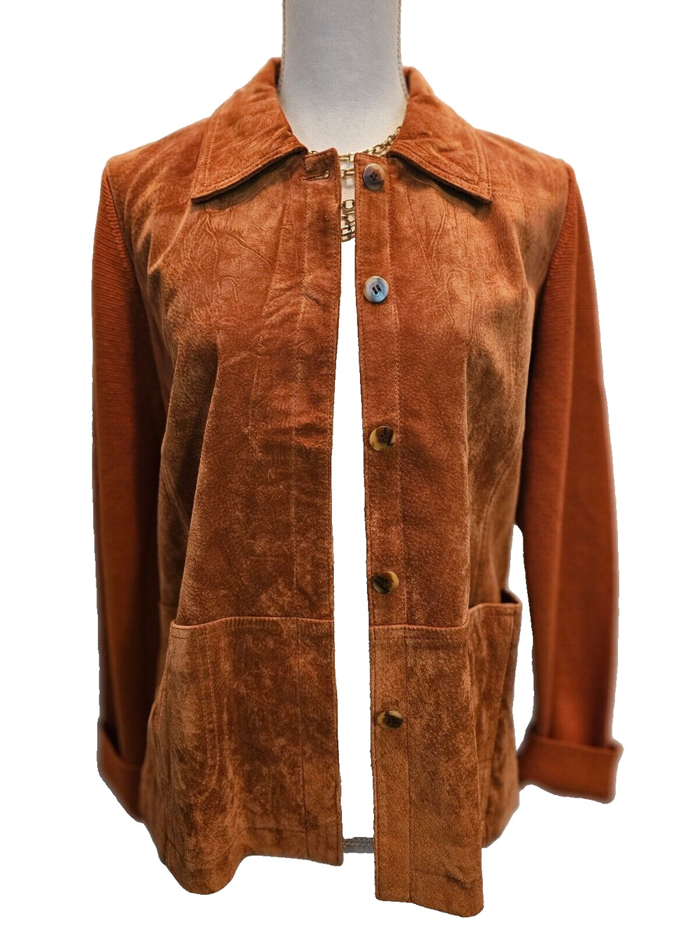 Sigrid Olsen Jacket Medium M Orange Suede Panel Silk Cotton Blend Knit Collared